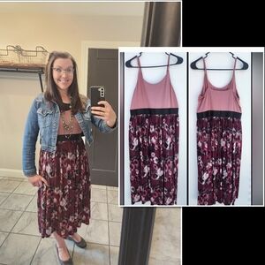 Xhilaration Pleated Floral Burgundy Dusty Rose Spaghetti Straps Dress size XL